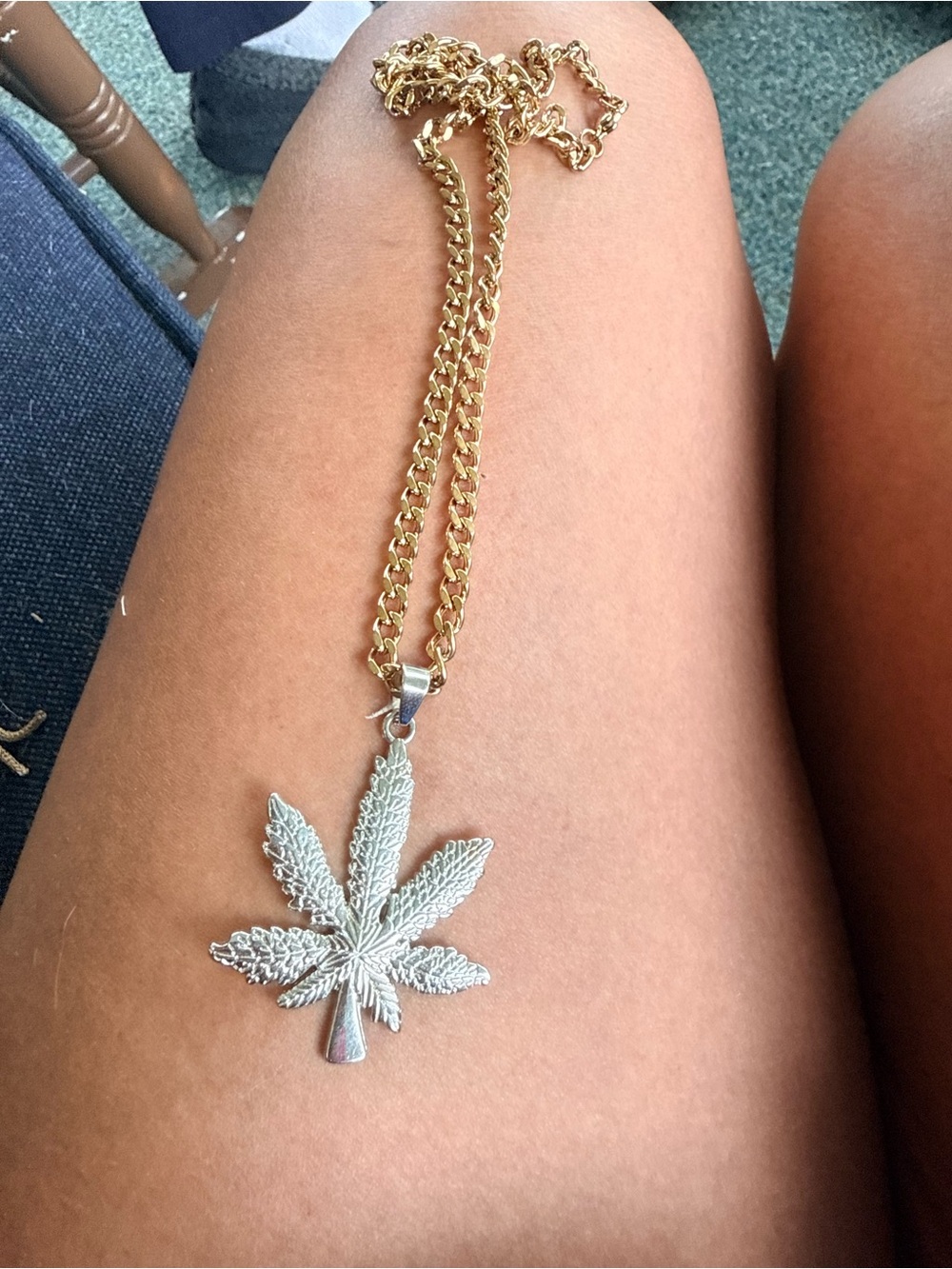 Gold Chain Necklace with Silver Leaf Pendant